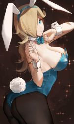 Rule 34 | 1girl, animal ears, bow, bowtie, breasts, cleavage, hair over one eye, highres, j@ck, leotard, mario (series), nintendo, pantyhose, playboy bunny, rabbit ears, rabbit tail, rosalina, solo, super mario galaxy, tail, traditional bowtie