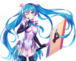 Rule 34 | 1girl, black gloves, black thighhighs, blue eyes, blue hair, breasts, cleavage, crown, elbow gloves, finger to mouth, gloves, hatsune miku, headset, leotard, long hair, looking at viewer, matching hair/eyes, mini crown, one eye closed, pen (steelleets), racing miku, sign, simple background, smile, solo, thighhighs, twintails, very long hair, vocaloid, white background, wink