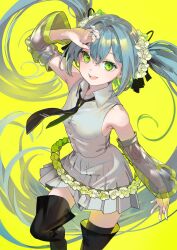 Rule 34 | 1girl, :d, black footwear, black necktie, black thighhighs, blue hair, boots, breasts, collared shirt, commentary, detached sleeves, english commentary, flower, green eyes, grey shirt, grey skirt, hair flower, hair ornament, hand up, hatsune miku, highres, long hair, looking at viewer, necktie, nik ibi, open mouth, pleated skirt, see-through, see-through sleeves, shirt, skirt, sleeveless, sleeveless shirt, small breasts, smile, solo, teeth, thigh boots, thighhighs, twintails, upper teeth only, vocaloid, white flower, yellow background, yellow theme