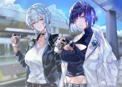 Rule 34 | 2girls, absurdres, belt, black choker, black jacket, blue hair, blue nails, blue sky, blue sweater, blunt bangs, blurry, blurry background, bob cut, bracelet, breasts, brown belt, casual, choker, cleavage, closed mouth, clothing cutout, cloud, coffee cup, cup, diagonal bangs, disposable cup, drinking straw, earrings, eula (genshin impact), genshin impact, green eyes, hair between eyes, highres, holding, holding cup, jacket, jacket on shoulders, jewelry, large breasts, medium hair, midriff, multicolored hair, multiple girls, nail polish, outdoors, ribbed sweater, ring, sas (ls08b), short hair, sky, smile, sweater, turtleneck, turtleneck sweater, vision (genshin impact), white jacket, yelan (genshin impact), yellow eyes