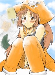 Rule 34 | 1boy, 1girl, bag, bag on head, blush, brown eyes, brown hair, clothes around waist, faust (guilty gear), guilty gear, guilty gear xrd, hat, highres, long hair, may (guilty gear), orange hat, paper bag, pirate hat, sailor collar, seinen anko, sitting, smile, solo focus, v arms