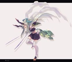 Rule 34 | 1girl, bare shoulders, black gloves, black shirt, black skirt, commentary request, detached sleeves, dual wielding, facial mark, fangs, flower, gloves, green flower, green hair, grey background, hair flower, hair ornament, heart, heart hair ornament, holding, holding sword, holding weapon, horns, katana, letterboxed, long hair, long sleeves, looking at viewer, looking to the side, md5 mismatch, midriff, navel, nogi lief, open mouth, original, outstretched arms, pleated skirt, purple eyes, resolution mismatch, shirt, simple background, skirt, sleeveless, sleeveless shirt, solo, source smaller, spread arms, standing, standing on one leg, sword, thighhighs, very long hair, weapon, white background, wide sleeves
