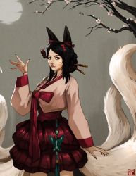Rule 34 | 1girl, ahri (league of legends), alternate hair length, alternate hairstyle, animal ears, black hair, bow, braid, bubble skirt, bug, butterfly, cherry blossoms, cowboy shot, dynasty ahri, ear ribbon, facial mark, fingernails, fox ears, fox tail, french braid, from side, hair bow, hair ornament, hair stick, hanbok, hand up, insect, korean clothes, league of legends, lips, long fingernails, long sleeves, maedeup, multiple tails, nail polish, neo-tk.., nose, official alternate costume, parted bangs, ribbon, short hair, sidelocks, skirt, solo, swept bangs, tail, tassel, tree, whisker markings, yellow eyes