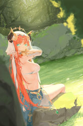Rule 34 | 1girl, absurdres, aqua eyes, blurry, blurry foreground, breasts, circlet, crop top, day, detached sleeves, forehead jewel, genshin impact, gold trim, hand in own hair, hands up, highres, holding, holding own hair, jewelry, large breasts, long hair, long sleeves, looking at viewer, nature, nilou (genshin impact), outdoors, parted bangs, puffy long sleeves, puffy sleeves, raised eyebrows, rock, see-through, see-through sleeves, sitting, skirt, soaking feet, solo, starlan, thighs, tree, twintails, vambraces, veil, very long hair, water, wet