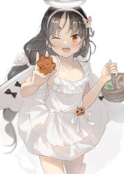 Rule 34 | 1girl, basket, black hair, blush, brown eyes, collarbone, dress, food, hairband, halloween, halloween costume, holding, holding basket, holding food, kantai collection, long hair, nisshin (kancolle), one eye closed, open mouth, simple background, smile, solo, toka (marchlizard), upper body, very long hair, white background, white dress, white hairband