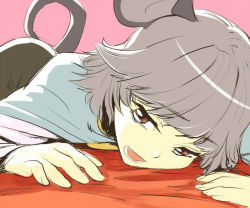 Rule 34 | 1girl, animal ears, bad id, bad pixiv id, capelet, face, female focus, grey hair, lying, mouse ears, mouse tail, nazrin, on stomach, open mouth, pink background, red eyes, shiba itsuki, short hair, simple background, solo, tail, touhou