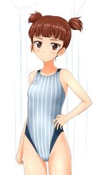 Rule 34 | 10s, 1girl, bad id, bad pixiv id, bare arms, bare shoulders, blush, brown eyes, brown hair, collarbone, competition swimsuit, girls und panzer, hand on own hip, highres, looking at viewer, mikko (girls und panzer), narrow waist, one-piece swimsuit, parted lips, solo, standing, striped clothes, striped one-piece swimsuit, swimsuit, takafumi, two side up