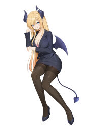 Rule 34 | 1girl, alternate costume, b grade, bat tattoo, black footwear, black jacket, black skirt, blazer, blonde hair, blue eyes, blush, breast tattoo, breasts, brown pantyhose, cleavage, demon girl, demon horns, demon tail, demon wings, formal, full body, head rest, heart, heart tattoo, high heels, highres, hololive, horn ornament, horn ribbon, horns, invisible chair, jacket, korean commentary, large breasts, long hair, long sleeves, looking at viewer, miniskirt, office lady, pantyhose, parted lips, pencil skirt, pink shirt, pointy ears, ribbon, shirt, single sidelock, sitting, skirt, smile, solo, suit, tail, tattoo, thighband pantyhose, virtual youtuber, white background, wings, yuzuki choco