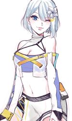 Rule 34 | 1girl, ban hada, ban hada (2nd costume), black shorts, blue eyes, blue hair, breasts, cleavage, cleavage cutout, clothing cutout, commentary, cropped jacket, english commentary, hair behind ear, highres, jacket, looking at viewer, midriff, navel, nijisanji, nijisanji kr, off-shoulder jacket, off shoulder, official alternate costume, one eye closed, s h i e, see-through, see-through jacket, short hair, shorts, sketch, skirt, smile, solo, virtual youtuber, white background, white skirt