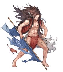 Rule 34 | 1boy, abs, barefoot, brown eyes, brown hair, fire emblem, fire emblem fates, fire emblem heroes, full body, fundoshi, highres, injury, japanese clothes, long hair, male focus, male underwear, navel, nintendo, official art, p-nekor, polearm, red male underwear, ryoma (fire emblem), topless male, solo, teeth, torn clothes, transparent background, weapon