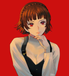 Rule 34 | 1girl, arm up, black vest, blunt bangs, braided hairband, brown hair, hairband, hand on own chin, hand up, head on hand, head rest, head tilt, long sleeves, nail polish, niijima makoto, persona, persona 5, red background, red eyes, red nails, short hair, signature, simple background, solo focus, sweater, turtleneck, turtleneck sweater, vest, white sweater, zahchii (airiakasaki)