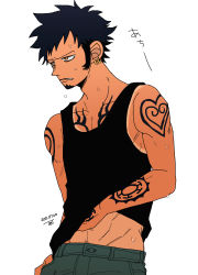 Rule 34 | 1boy, arm tattoo, artist name, bad id, bad pixiv id, black hair, black tank top, denim, earrings, facial hair, from side, hand under clothes, highres, hot, jeans, jewelry, male focus, one piece, pants, scowl, shirt tan, sleeveless, solo, standing, sweat, tan, tank top, tanline, tattoo, tbt, trafalgar law, white background, yellow eyes