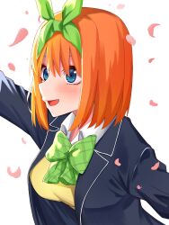 Rule 34 | 1girl, airo, backlighting, black jacket, blue eyes, blush, bow, breasts, commentary, dress shirt, eyebrows hidden by hair, eyelashes, falling petals, from side, go-toubun no hanayome, green bow, green ribbon, hair between eyes, hair ribbon, hand up, highres, jacket, large breasts, looking afar, medium hair, nakano yotsuba, nose, open clothes, open jacket, open mouth, orange hair, petals, plaid, plaid bow, ribbon, school uniform, shirt, simple background, smile, solo, sparkling eyes, straight hair, sweater vest, upper body, white background, white shirt, yellow sweater vest