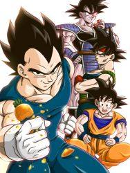 Rule 34 | 4boys, armor, bardock, black eyes, black hair, carrot, clenched hand, crossed arms, dougi, dragon ball, dragonball z, eating, father and son, gloves, looking at another, looking at viewer, looking away, male focus, masa (p-piyo), multiple boys, nervous, scar, scouter, serious, simple background, smile, son goku, spiked hair, sweatdrop, tullece, vegeta, white background, wristband