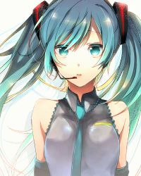 Rule 34 | 1girl, aqua eyes, aqua hair, aqua necktie, bare shoulders, black dress, detached sleeves, dress, flat chest, hatsune miku, headset, looking at viewer, necktie, parted lips, simple background, sleeveless, sleeveless dress, solo, twintails, umigumo yuuna, upper body, vocaloid, wind