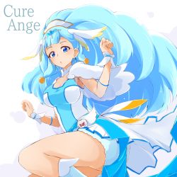Rule 34 | artist request, blue eyes, blue hair, blush, choker, cure ange, dress, english text, highres, hugtto! precure, long hair, magical girl, ponytail, precure, simple background, smile, solo, white background, yakushiji saaya