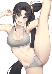 Rule 34 | 1girl, :d, alternate costume, black hair, blue eyes, blush, breasts, commentary request, fate/grand order, fate (series), highres, long hair, looking at viewer, medium breasts, navel, open mouth, parted bangs, pinta (ayashii bochi), shiny skin, side ponytail, smile, solo, sports bra, sports panties, standing, standing on one leg, teeth, thighs, upper teeth only, ushiwakamaru (fate), v, very long hair, white background, white sports bra