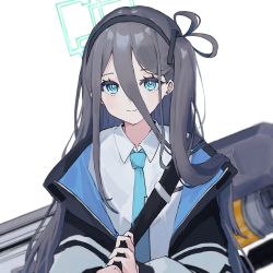 Rule 34 | 1girl, absurdly long hair, aris (blue archive), black hair, black hairband, black jacket, blue archive, blue eyes, blue jacket, blue necktie, collared shirt, gun sling, hair between eyes, hairband, halo, highres, hinagishi haru, holding, holding clothes, holding jacket, jacket, light blush, long hair, long hair between eyes, long sleeves, looking at viewer, magnetic weapon, multicolored clothes, multicolored jacket, necktie, railgun, shirt, simple background, solo, upper body, very long hair, weapon, weapon on back, white shirt
