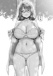 Rule 34 | 1girl, bra, breasts, cleavage, clothes pull, cowboy shot, glasses, greyscale, highres, huge breasts, lingerie, looking at viewer, medium hair, monochrome, navel, original, outdoors, panties, pulled by self, semi-rimless eyewear, sky-freedom, solo, sweat, translated, tree, underwear, undressing