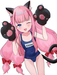 1girl absurdres animal_ear_fluff animal_ears animal_hands arms_up black_gloves blue_eyes blue_one-piece_swimsuit blush bombergirl bow cat_ears cat_girl cat_tail fang gloves groin hair_bow highres long_hair looking_at_viewer momoko_(bombergirl) name_tag old_school_swimsuit one-piece_swimsuit one_eye_closed open_mouth paw_gloves pink_hair red_ribbon ribbon school_swimsuit smile solo swimsuit tail tanukiya thighs