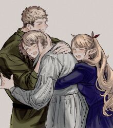Rule 34 | 1boy, 2girls, blonde hair, blue dress, blush, boy and girl sandwich, brother and sister, choker, closed eyes, commentary request, crying, dress, dungeon meshi, ear blush, elf, falin touden, fang, green shirt, grey background, highres, hug, hug from behind, laios touden, light blush, light brown hair, long hair, marcille donato, medium hair, multiple girls, nahnohk, one eye closed, open mouth, pointy ears, ponytail, red choker, red ribbon, ribbon, sandwiched, shirt, short hair, siblings, slit pupils, spoilers, upper body, very long hair, white dress, yellow eyes