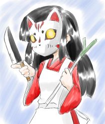 Rule 34 | 1girl, black hair, borrowed character, fox mask, fuugetsu oreha ikiru, knife, long hair, mask, original, short hair, solo, spring onion