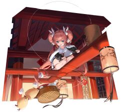 Rule 34 | 1girl, alternate costume, alternate hairstyle, architecture, azur lane, baozi, blue eyes, breasts, chinese clothes, cleavage, collarbone, double bun, east asian architecture, fishing rod, food, fu shun (azur lane), fu shun (the unbreakable baozi heist) (azur lane), hair bun, hair ornament, highres, lantern, long hair, looking at viewer, manjuu (azur lane), official art, open mouth, rabbit hair ornament, red hair, sitting, small breasts, transparent background, tray, wire