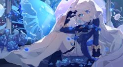 Rule 34 | 1girl, artist name, ascot, asymmetrical gloves, barefoot, black ascot, black gloves, blue eyes, blue flower, blue jacket, blue rose, closed mouth, commentary request, falling petals, feet, flower, full body, furina (genshin impact), genshin impact, gloves, hand up, heterochromia, jacket, jellyfish, knees up, legs, light smile, ling414353, long hair, long sleeves, looking at viewer, mismatched gloves, on ground, petals, rose, shorts, sitting, solo, thigh strap, toenails, toes, white gloves, white hair, white shorts