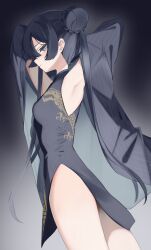 Rule 34 | 1girl, absurdres, armpits, black dress, black hair, blue archive, blush, breasts, china dress, chinese clothes, closed mouth, coat, cowboy shot, double bun, dress, from side, grey coat, grey eyes, hair bun, highres, kisaki (blue archive), long hair, long sleeves, open clothes, open coat, profile, sleeveless, sleeveless dress, small breasts, solo, striped clothes, striped coat, terano naa, twintails, vertical-striped clothes, vertical-striped coat