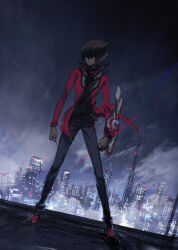 1boy apartment black_pants black_shirt brown_eyes brown_hair building card city_lights cityscape duel_disk facing_viewer highres holding holding_card jacket looking_to_the_side male_focus moribuden night night_sky on_roof open_clothes open_jacket outdoors pants red_footwear red_jacket shirt sky skyline yu-gi-oh! yu-gi-oh!_gx yuki_judai