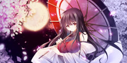 Rule 34 | 1girl, bare shoulders, black leotard, breast hold, breasts, brown hair, cherry blossoms, cleavage, closed mouth, collarbone, detached sleeves, eyes visible through hair, fingernails, full moon, holding, holding umbrella, japanese clothes, large breasts, leotard, long hair, long sleeves, looking at viewer, m.u.g.e.n, moon, night, nontraditional miko, oil-paper umbrella, petals, sendai hakurei no miko, solo, touhou, umbrella, undershirt, upper body, very long hair, wide sleeves, yellow eyes, z.o.b