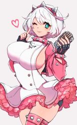 Rule 34 | 1girl, ahoge, aqua eyes, black gloves, blush, bracelet, breasts, chemaru (a8l), collar, elphelt valentine, frilled skirt, frills, gloves, guilty gear, guilty gear strive, hairband, heart, highres, index finger raised, jacket, jewelry, large breasts, looking at viewer, microphone, one eye closed, pink jacket, short hair, shorts, sideboob, simple background, skindentation, skirt, skull print, smile, solo, spikes, thick thighs, thighs, white background