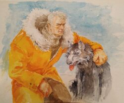 Rule 34 | 1boy, animal, aqua eyes, arm around neck, blue eyes, blue sky, brown mittens, brown pants, closed mouth, commentary, dog, fur trim, gloves, hashtag-only commentary, highres, imperial fists, jacket, kneeling, male focus, mammona, mittens, open mouth, outdoors, painting (medium), pants, primarch, rogal dorn, sharp teeth, short hair, sideburns, sky, solo, sweater, teeth, tongue, tongue out, traditional media, turtleneck, warhammer 40k, watercolor (medium), white hair, white sweater, yellow jacket