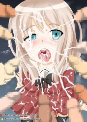 Rule 34 | 1girl, 6+boys, blonde hair, blue eyes, blush, bow, bowtie, breasts, bukkake, censored, cum, cum in mouth, cum on clothes, cum on hair, cum on tongue, ejaculation, eyebrows, facial, furanh, group sex, heart, heart-shaped pupils, hetero, kawamura reo, long hair, looking at viewer, masturbation, mosaic censoring, multiple boys, multiple penises, open mouth, orgasm, orgy, patreon username, penis, penis awe, pov, precum, rape, sitting, smile, solo focus, sono hanabira ni kuchizuke wo, symbol-shaped pupils, teeth, thighhighs, tongue, tongue out, uneven eyes, upper teeth only, uvula