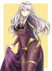 Rule 34 | 1girl, blush, bodystocking, bodysuit, bracelet, breasts, bridal gauntlets, cape, cleavage, cosplay, covered navel, dark mage (fire emblem awakening), embarrassed, fire emblem, fire emblem: radiant dawn, fire emblem awakening, full-face blush, half updo, highres, jewelry, long hair, looking at viewer, medium breasts, micaiah (fire emblem), nintendo, official alternate costume, simple background, solo, standing, sweatdrop, tharja (cosplay), tharja (fire emblem), tiara, white hair, yellow eyes