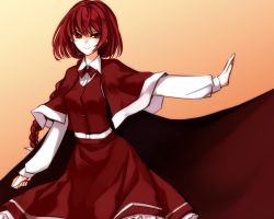 Rule 34 | &gt;:), 1girl, bow, braid, cape, capelet, female focus, long hair, long sleeves, okazaki yumemi, outstretched arm, red eyes, red hair, shiren, shiren (monochrome structure), simple background, single braid, smile, solo, touhou, touhou (pc-98), v-shaped eyebrows, very long hair, vest