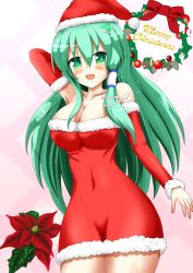 Rule 34 | 1girl, blush, breasts, christmas, cleavage, detached sleeves, female focus, frog hair ornament, green eyes, green hair, hair ornament, hair tubes, hat, highres, holly, impossible clothes, impossible shirt, kochiya sanae, large breasts, long hair, matching hair/eyes, merry christmas, santa costume, santa hat, shirt, snake hair ornament, solo, touhou