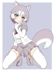 Rule 34 | 1girl, animal ear fluff, animal ears, blue eyes, boots, commentary, dog (mixed breed) (kemono friends), dog ears, dog tail, elbow gloves, finger to mouth, full body, fur-trimmed boots, fur-trimmed sleeves, fur trim, gloves, grey background, grey hair, grey skirt, head tilt, heterochromia, ilyfon133, kemono friends, looking at viewer, multicolored hair, short sleeves, simple background, sitting, skirt, solo, tail, thighhighs, two-tone hair, white gloves, white hair, white thighhighs, yellow eyes
