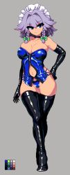 Rule 34 | 1girl, alternate costume, arm at side, bare shoulders, belt collar, black choker, black footwear, black gloves, blue eyes, blue panties, boots, bow, braid, breasts, breasts apart, choker, cleavage, clothing cutout, collar, collarbone, color guide, contrapposto, corset, covered erect nipples, cross-laced clothes, crossed legs, elbow gloves, full body, gloves, green bow, grey background, greyscale, hair bow, hand on own hip, izayoi sakuya, large breasts, latex, latex boots, latex corset, latex gloves, looking at viewer, maid headdress, medium hair, monochrome, namako daibakuhatsu, navel, navel cutout, panties, pixel art, shiny clothes, side-tie panties, silver hair, simple background, skindentation, smile, solo, standing, strapless, thigh boots, thigh gap, thighhighs, thighs, touhou, tsurime, twin braids, undersized breast cup, undersized clothes, underwear, watson cross