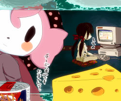 Rule 34 | bow, charlotte (madoka magica), cheese, computer, food, h.n.elly (kirsten), keyboard (computer), mahou shoujo madoka magica, mahou shoujo madoka magica (anime), meat, nicoseiga438470, pillow, pink hair, red bow, refrigerator, short twintails, swiss cheese, tin can, translation request, twintails, witch (madoka magica)