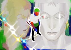 Rule 34 | 1boy, 404notfound (404 2112), abstract background, diamond (shape), expressions, from above, full body, glint, green hair, highres, male focus, one piece, painterly, pants, partially colored, red eyes, roronoa zoro, scar, scar across eye, sheath, sheathed, shirt, short hair, solo, t-shirt
