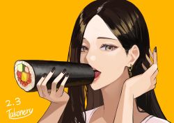Rule 34 | 1girl, artist name, black nails, brown eyes, brown hair, commentary request, dated, earrings, ehoumaki, food, hair behind ear, hands up, holding, holding food, jewelry, lips, long hair, looking at viewer, makizushi, nail polish, open mouth, original, portrait, simple background, solo, sushi, takoneru, tongue, yellow background