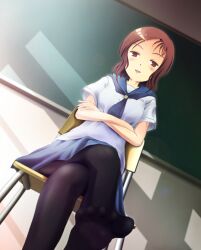 Rule 34 | black pantyhose, chair, chalkboard, kamo (rsrk), looking down, pantyhose, red hair, saki (manga), school chair, takei hisa, window shadow