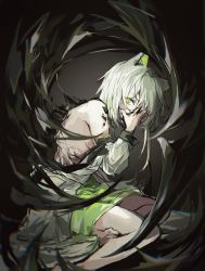 Rule 34 | 1girl, animal ear fluff, animal ears, arknights, bare shoulders, barefoot, black background, cat ears, coat, covering face, dress, green dress, green eyes, grey hair, highres, kal&#039;tsit (arknights), long sleeves, looking at viewer, material growth, mon3tr (arknights), open clothes, open coat, oripathy lesion (arknights), short hair, simple background, sitting, solo, white coat, yokozuwari