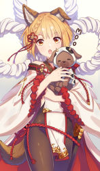 Rule 34 | 1girl, animal, animal costume, animal ear fluff, animal ears, bare shoulders, blonde hair, blush, braid, brown eyes, brown pantyhose, chinese zodiac, commentary request, cow costume, dog, dog ears, dog girl, dog tail, erune, gradient background, granblue fantasy, grey background, holding, holding animal, jiman, long sleeves, looking at viewer, off shoulder, open mouth, pantyhose, short hair, simple background, solo, tail, v-shaped eyebrows, vajra (granblue fantasy), white background, wide sleeves, year of the ox