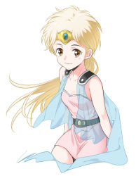 Rule 34 | 1980s (style), 1girl, agahari, belt, blonde hair, blush, breasts, brown eyes, cape, collarbone, cowboy shot, dragon quest, dragon quest dai no daibouken, dress, highres, leaning forward, light smile, looking at viewer, looking to the side, low ponytail, oldschool, pink dress, ponytail, princess leona, retro artstyle, see-through, simple background, small breasts, solo, tiara, white background