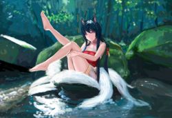 Rule 34 | 1girl, ahri (league of legends), animal ears, artist request, bad id, bad pixiv id, bare shoulders, barefoot, black hair, changpu si, fox ears, fox tail, korean clothes, league of legends, long hair, river, smile, solo, tail, yellow eyes