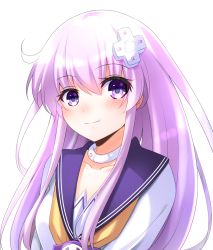 Rule 34 | 1girl, blush, collar, collarbone, commentary, d-pad, d-pad hair ornament, doria (p f dolia), dress, hair between eyes, hair ornament, long hair, looking at viewer, neckerchief, nepgear, neptune (series), purple eyes, purple hair, sailor collar, sailor dress, sidelocks, simple background, smug, solo, upper body, white background, white dress, yellow neckerchief