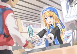 Rule 34 | 1girl, :d, blonde hair, blue eyes, blue hat, blush, capelet, from below, fumika (moeshin), hair between eyes, hair ribbon, hat, hatsune miku, highres, hika (cross-angel), indoors, kuuki shoujo, long hair, magi in wanchin basilica, open mouth, ribbon, smile, solo, sweater, the personification of atmosphere, very long hair, vocaloid, white ribbon, xiao ma