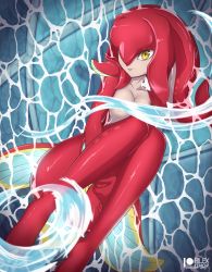 Rule 34 | 1girl, absurdres, breasts, censored, colored skin, highres, jewelry, mipha, nintendo, red skin, rilex lenov, smile, solo, tentacle hair, the legend of zelda, the legend of zelda: breath of the wild, yellow eyes, zora